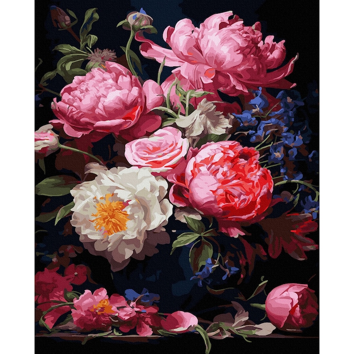 Set pictura pe numere, cu sasiu, Bujori si trandafiri, 40x50 cm