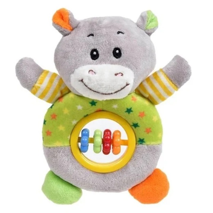 Jucarie pentru copii sub forma de hiopotam, Cu flori rotative si zornaitoare, 90%Poliamida si 10%Plastic, 17x18cm, Multicolor