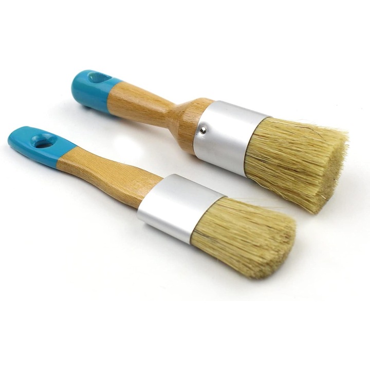 Set 2 pensule pentru vopsea si ceara SANJIAN, cu par natural si maner din lemn, pentru mobilier, vopsea creta, DIY si sabloane