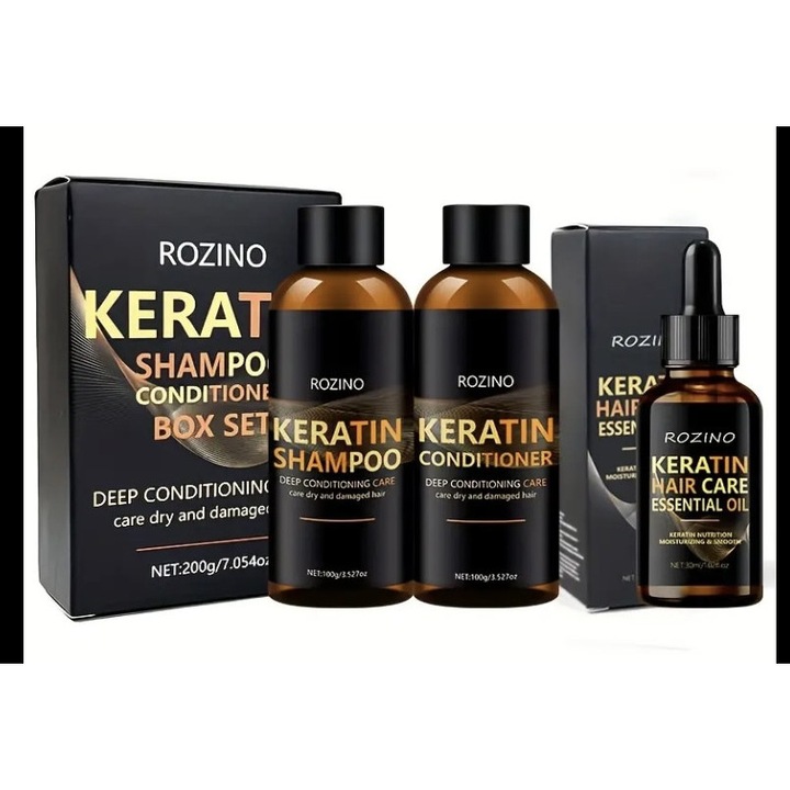 Комплект от 3 кератинови шампоана, балсама и етеричното масло