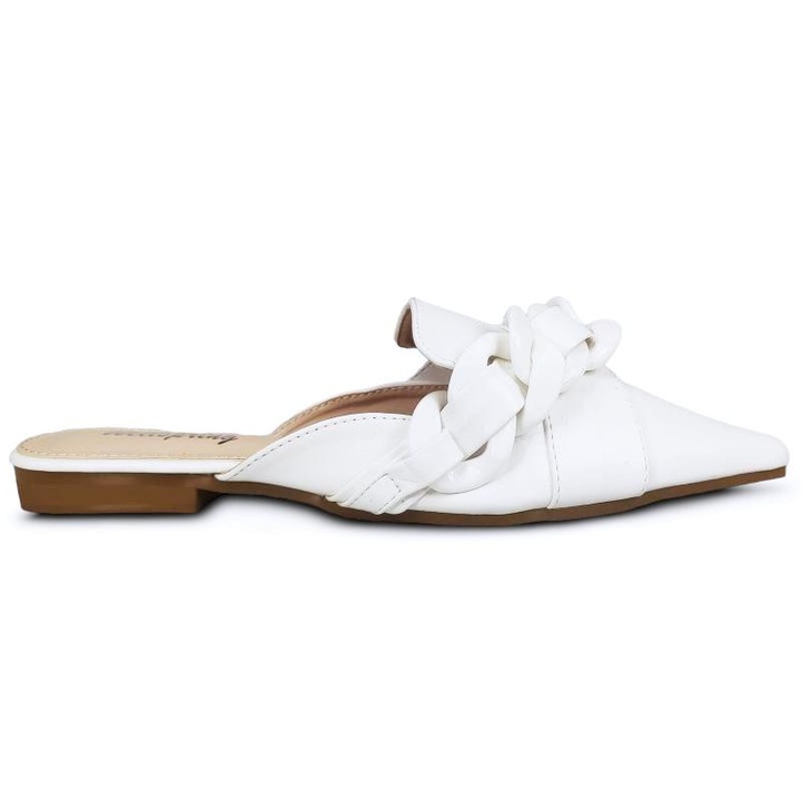 Papuci dama Permani cu lant, alb, piele ecologica, tocul plat, stil casual