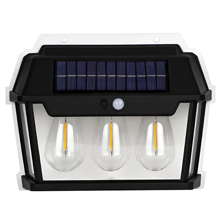 Lampa solara LED pentru exterior 38W cu 3 becuri, lumina calda, 3 moduri de functionare, senzor de miscare si lumina, stare de veghe, rezistenta la apa IP65, negru/alb