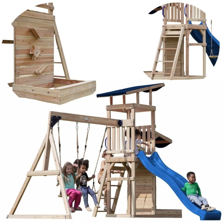Set loc de joaca din lemn AXI, tobogan 220cm, leagan dublu, cutie de nisip, albastru, 345x336x269,5cm