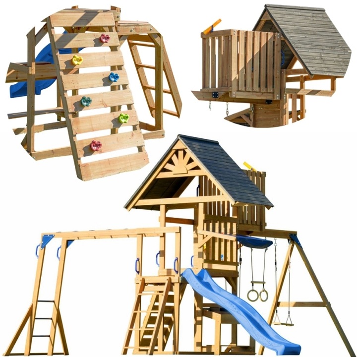 Turn de joaca AXI Mitch, set multifunctional din lemn, tobogan 220 cm, leagan dublu, cutie de nisip, 482x500x338cm