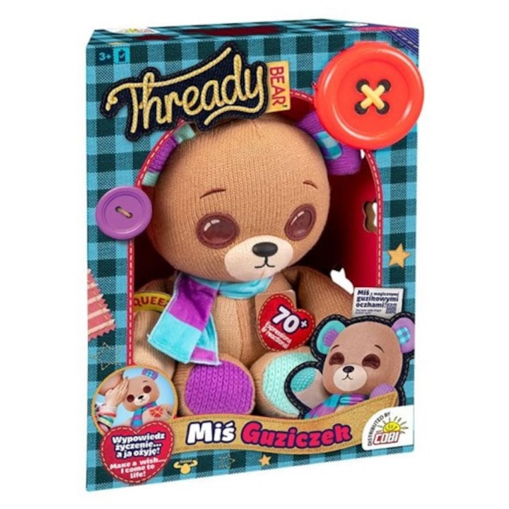 Thready Bear interaktív plüssmackó, gombszemek, többszínű, 3 éves kortól