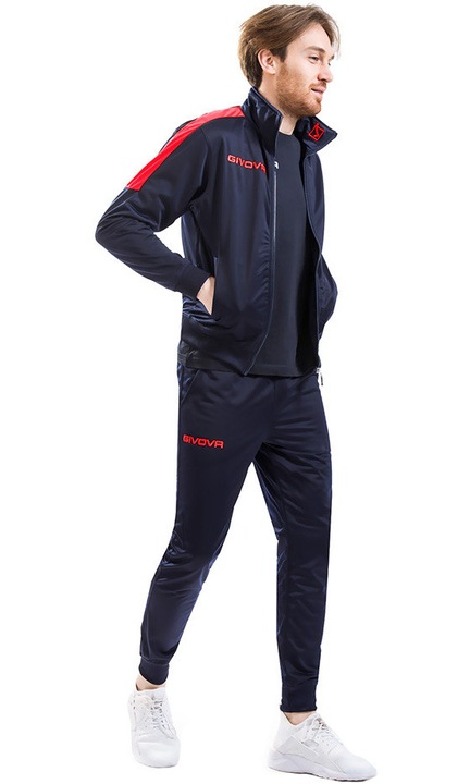 Trening Givova Revolution, poliester, hanorac cu fermoar, pantaloni lungi, bleumarin/rosu, 2XS INTL