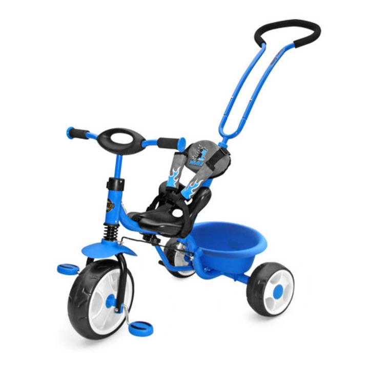 Триколка Milly Mally BOBY, синя, с дръжки за управление, 5-точкови предпазни колани, размери 70x50x33см