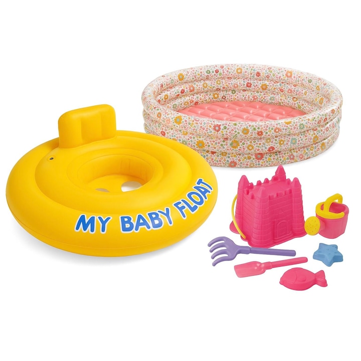 Gyerek nyári csomag - Intex virágos medence, babagyűrű, strandjáték szett, 6 hónapos kortól