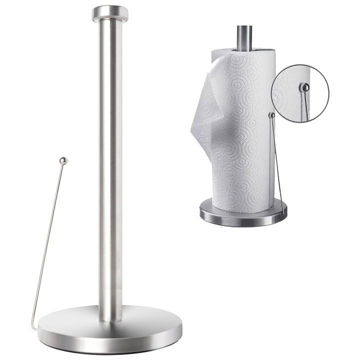 Държач за салфетки, Axroad Mall, Монтируем държач за ролки кухненска хартия, Преносим, Издръжлив, С противоплъзгащи подложки, Против надраскване, Лесен монтаж, Съвместим с различни размери ролки, Неръждаема стомана, 14.8x33 см, Сребрист