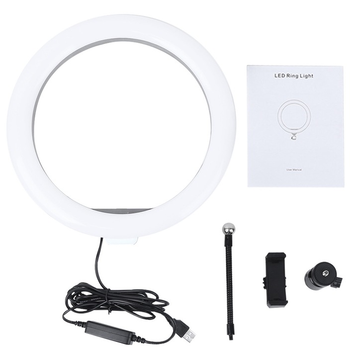 Lampa LED circulara, 25.4cm, 3 temperaturi de culoare, cablu 2m, cu suport telefon