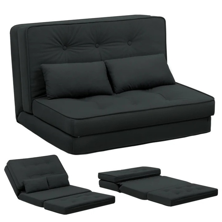 Kanapé, 2 személyes mini ágy, 6 fokozatban állítható háttámla, fekete