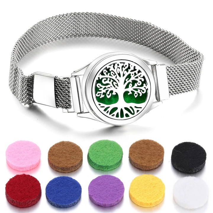 Bratara aromaterapie din otel inoxidabil, model Copacul Vietii, 31mm, ajustabila, bijuterii pentru femei