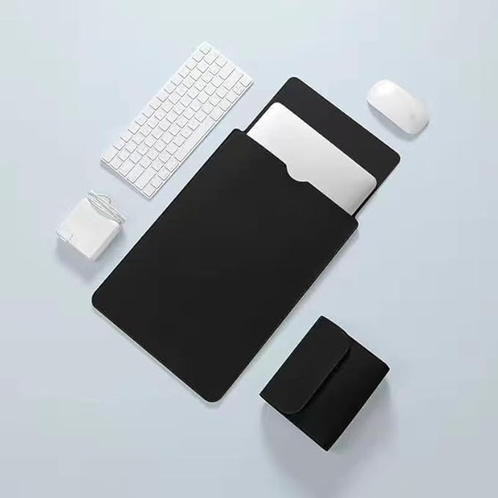 Husa de protectie pentru notebook, piele PU premium de 13-14 inch, compatibila cu MacBook Air, MacBook Pro, piele ecologica, dimensiune universala, 34,5x25,3 cm, negru