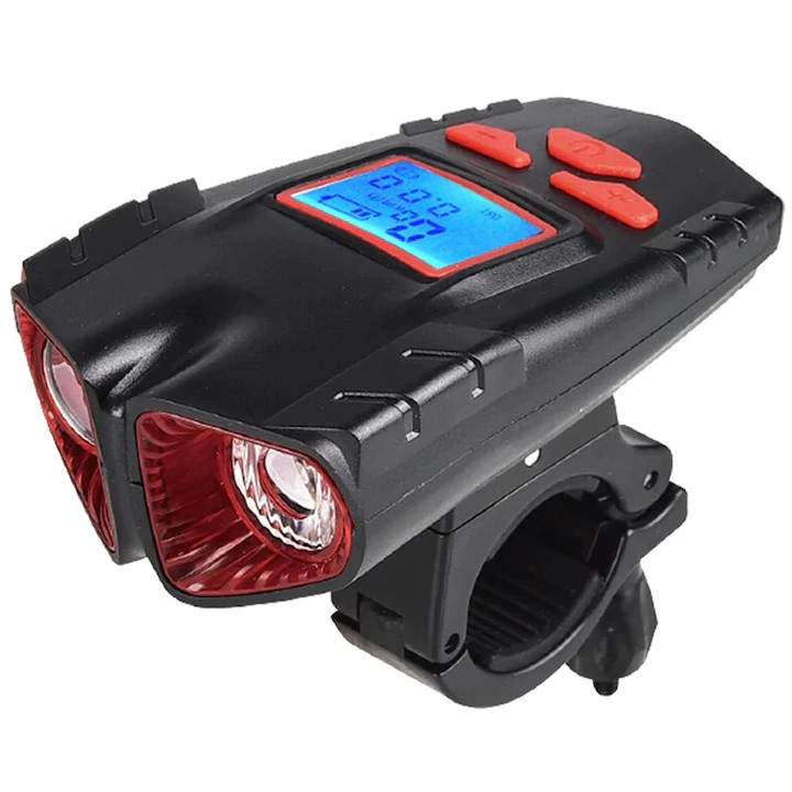 Set lumina bicicleta/suport KCVV, far 500 lumeni, claxon 120dB, lumini rosii spate, USB reincarcabil, pentru biciclete montane si de sosea