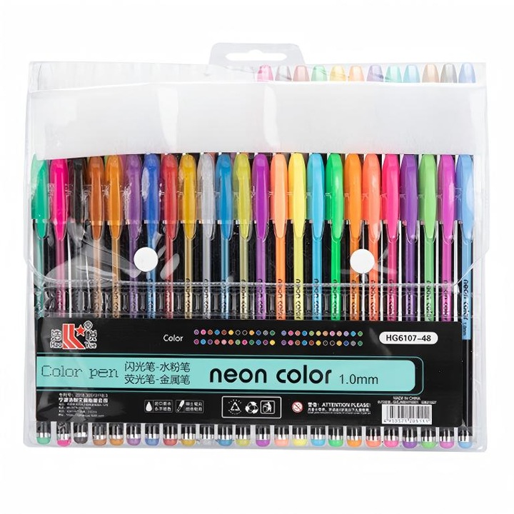 Set 48 pixuri colorate, Omelivon®，fluorescent, cu sclipci, portofel de plastic, 1mm, Potrivit pentru invatare si lucru