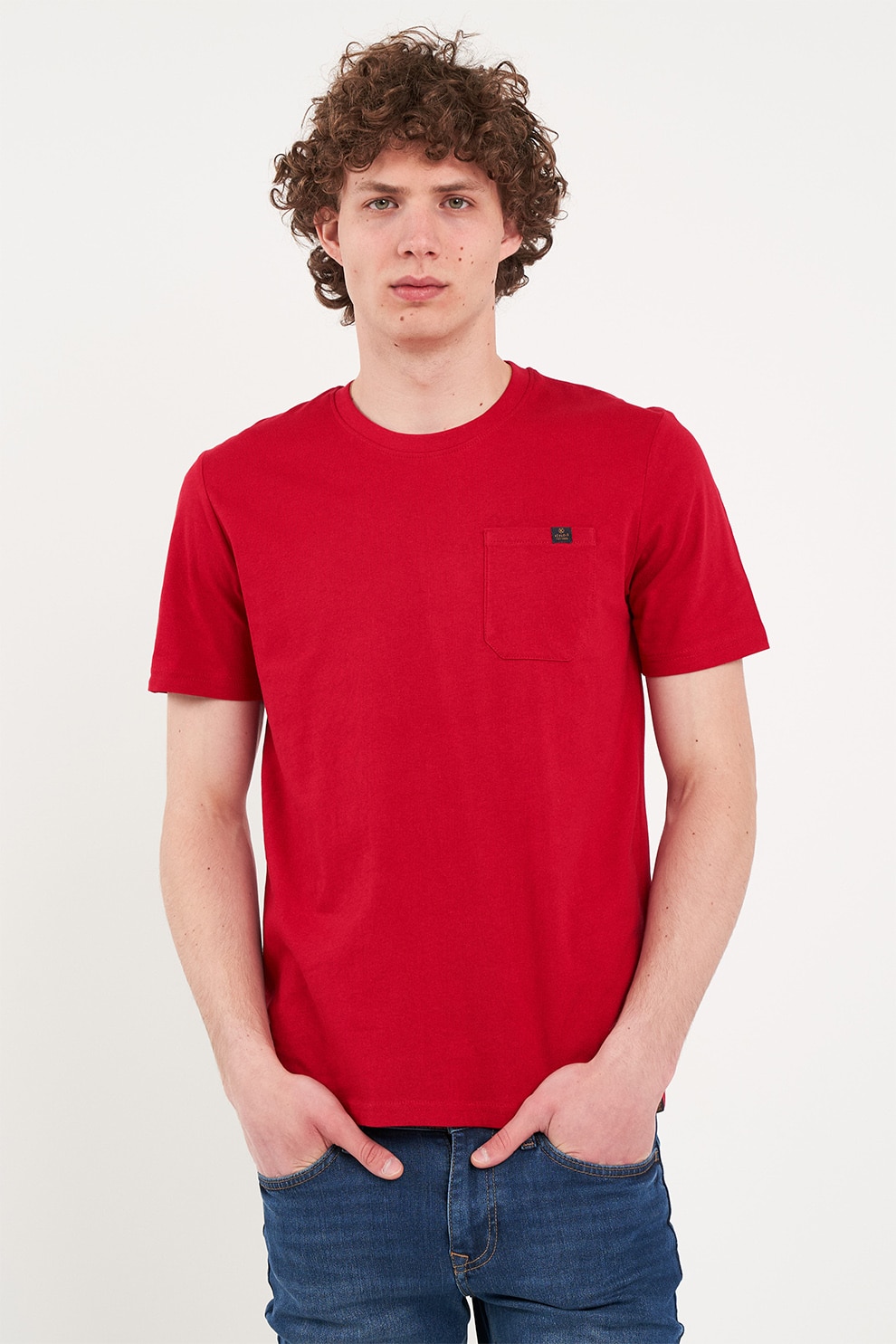 KVL by KENVELO, Tricou din bumbac cu buzunar pe piept, Rosu vermillion, M