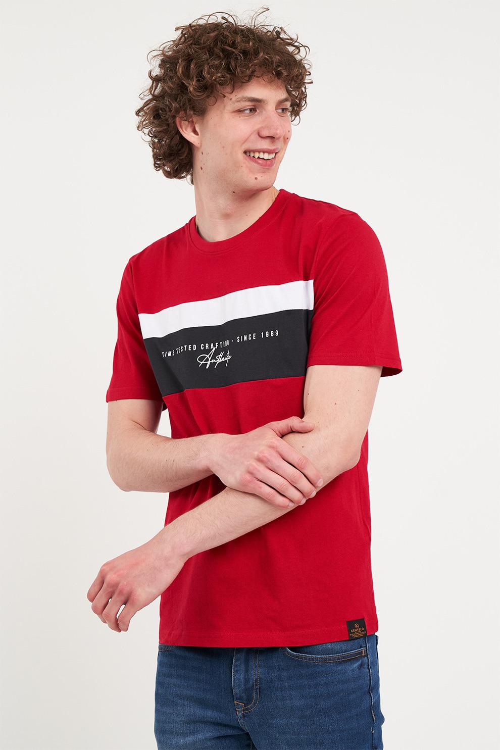 KVL by KENVELO, Tricou cambrat din bumbac, Alb, Negru stins, Rosu vermillion, 2XL