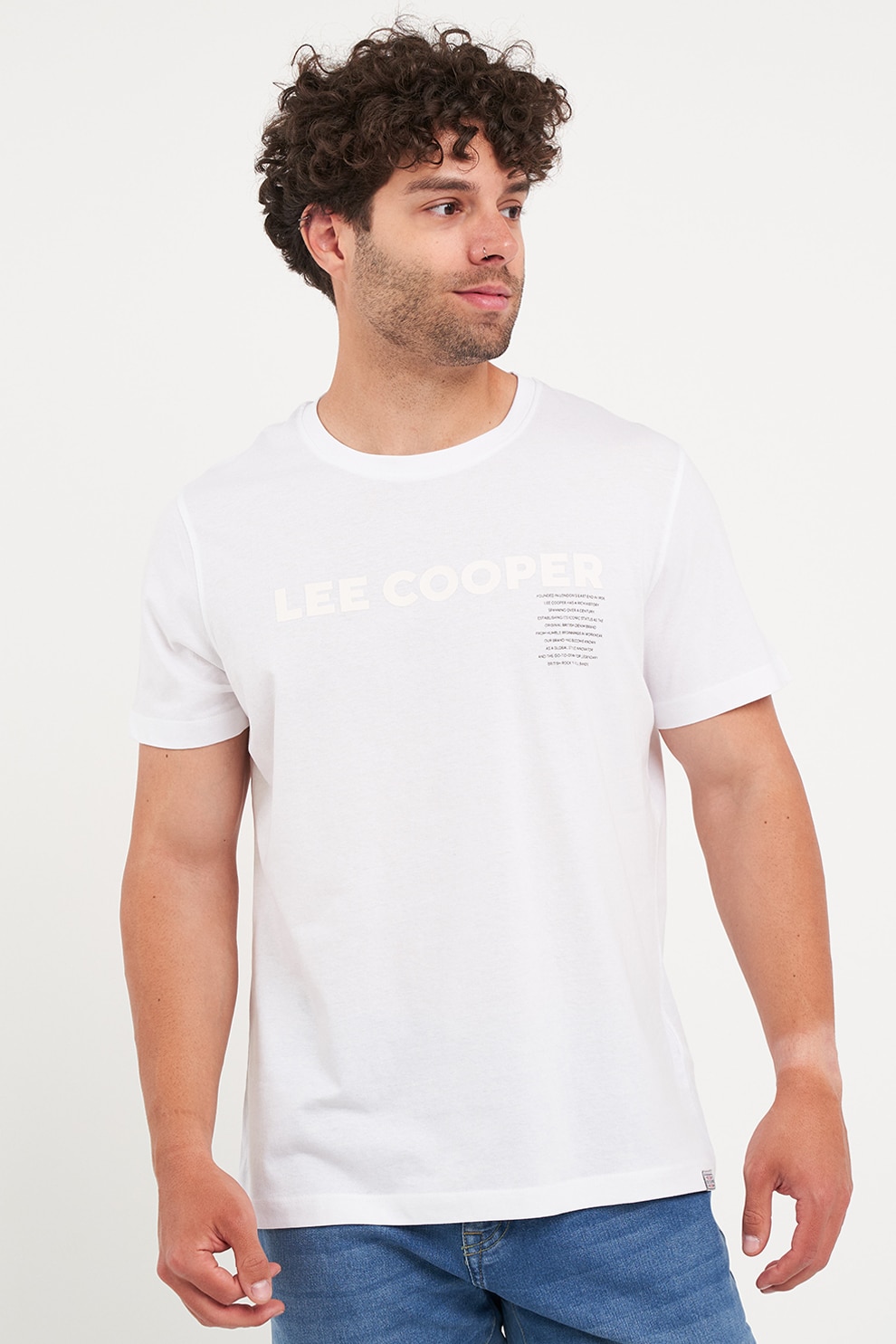 Lee Cooper, Tricou cu decolteu rotund si logo, Alb optic, L