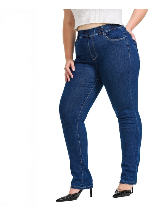 Blugi pentru femei Realize, marimi mari, elastici, cu talie elastica, slim fit, croiala dreapta, albastru inchis