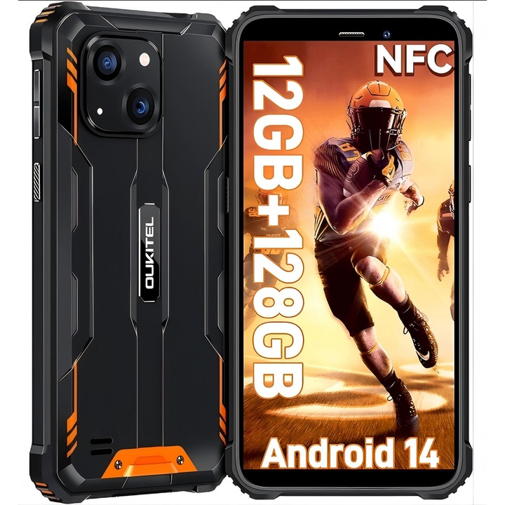 Мобилен телефон OUKITEL WP32 Pro Отключен, 24GB + 256GB/1TB разширяем, 20MP камера, Android 14 смартфон, 6.0'' HD, 6300mAh батерия, две SIM карти 4G мобилен телефон, IP68, GPS, OTG, NFC, Wi-Fi, оранжев