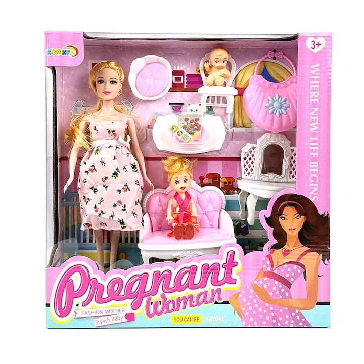 Játék baba szett, Várandós anya modell, Babával és bútorokkal