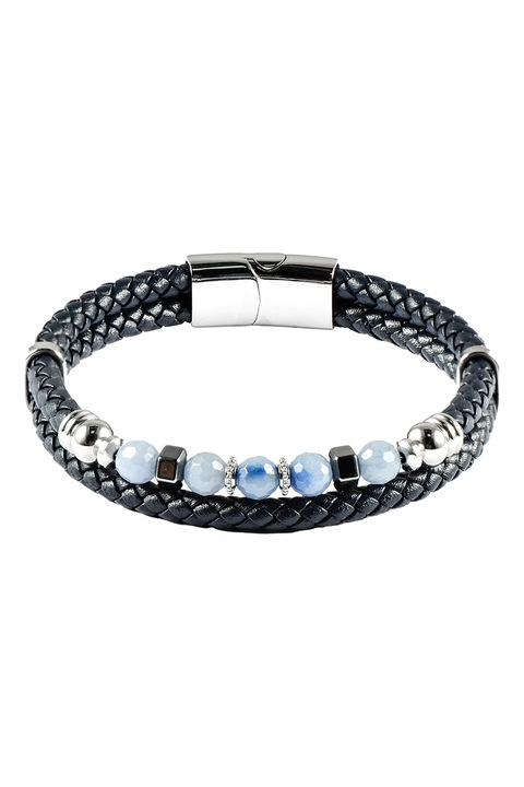 U.S. Polo Assn., Fonott bőrkarkötő logóval, Sötétkék, Ezüstszín