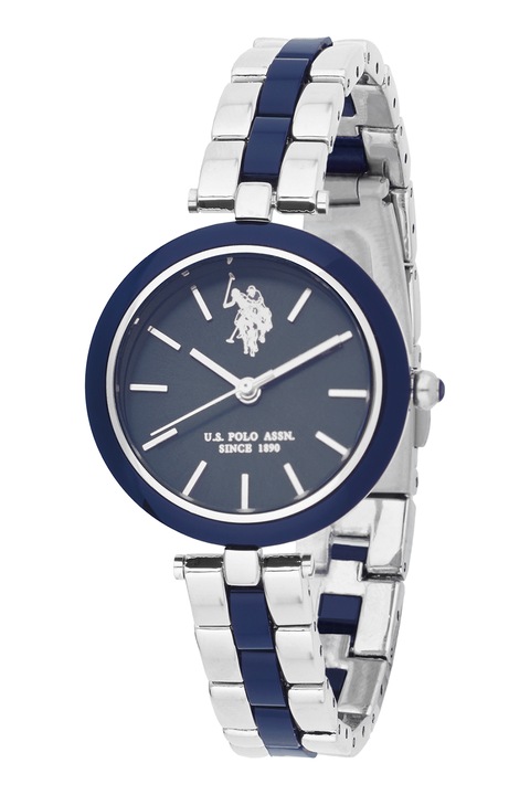 U.S. Polo Assn., Ceas quartz cu logo, Argintiu, Albastru inchis