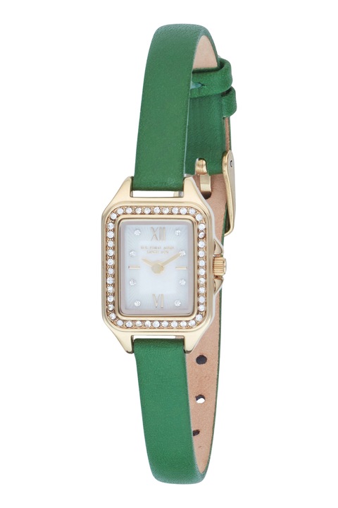 U.S. Polo Assn., Ceas patrat cu o curea din piele, Auriu, Verde marin