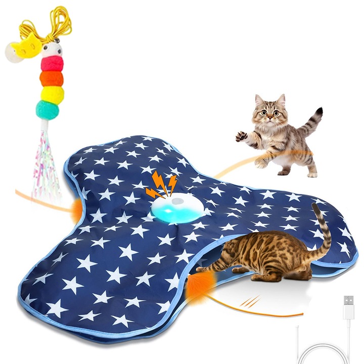 Wuciray Jucarii interactive pentru pisici de interior, simulate de vanatoare, jucarii interactive reincarcabile pentru pisici cu accesorii din pene, minge rotativa la 360°, potrivita pentru pisici energice si plictisite, albastru