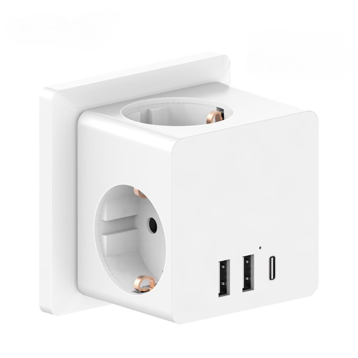 Кубичен разклонител, Leishen, SP-170A, 3 броя контакти, 2 броя USB, 1 брой USB type C 25W, 3680W при 250V, 66/66/87 милиметра, Бял цвят