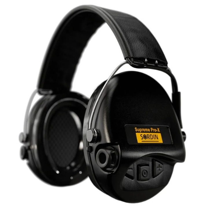 Casti active Sordin Supreme Pro-X, cupe negre, curea din piele neagra, pernute cu gel
