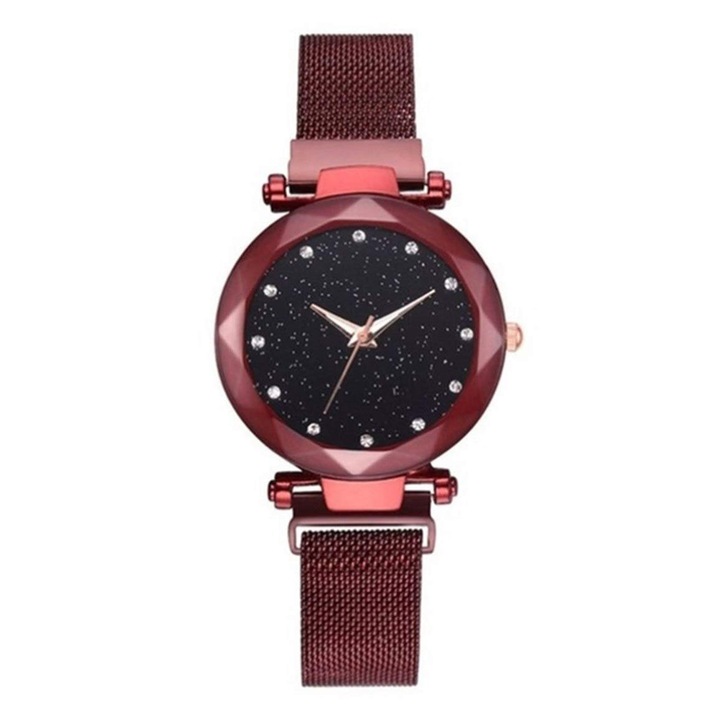 Ceas Shinny cu Bratara Magnetica Rosie si Cadran Rosu cu Sclipici, Design Elegant si Versatil, Ideal Cadou