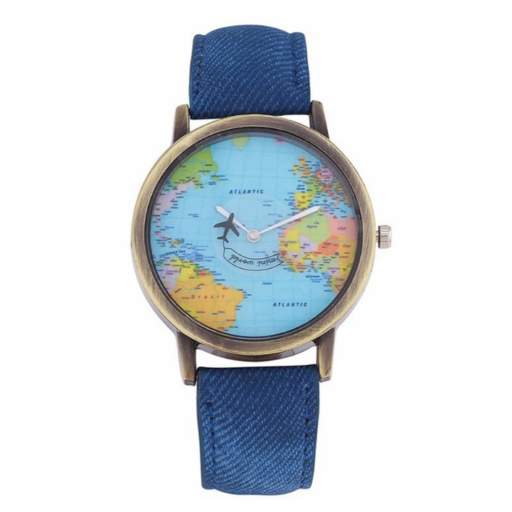 Ceas Mini World cu Curea Jeans Bleumarin, Cadran cu Harta Lumii si Avion Mobil, Accesoriu Urban pentru Pasionatii de Calatorii