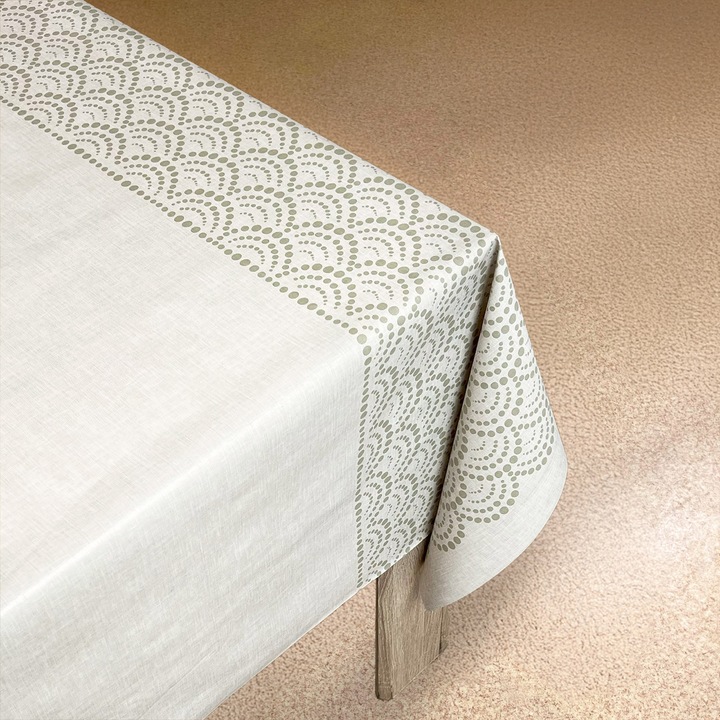 Fata de masa tip musama, structurala, 140 x 280 cm, DecoMeister®, Model Bej cu volan, CA172-140-0280S