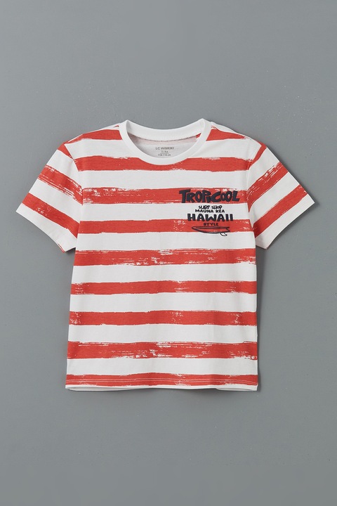LC WAIKIKI, Tricou cu decolteu la baza gatului si model in dungi, Rosu/Alb