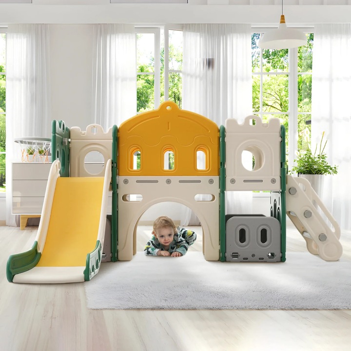 Комплект за игра 6 в 1, с пързалка, стълба за катерене, баскетболен кош, многоцветен, 190x151x106 см