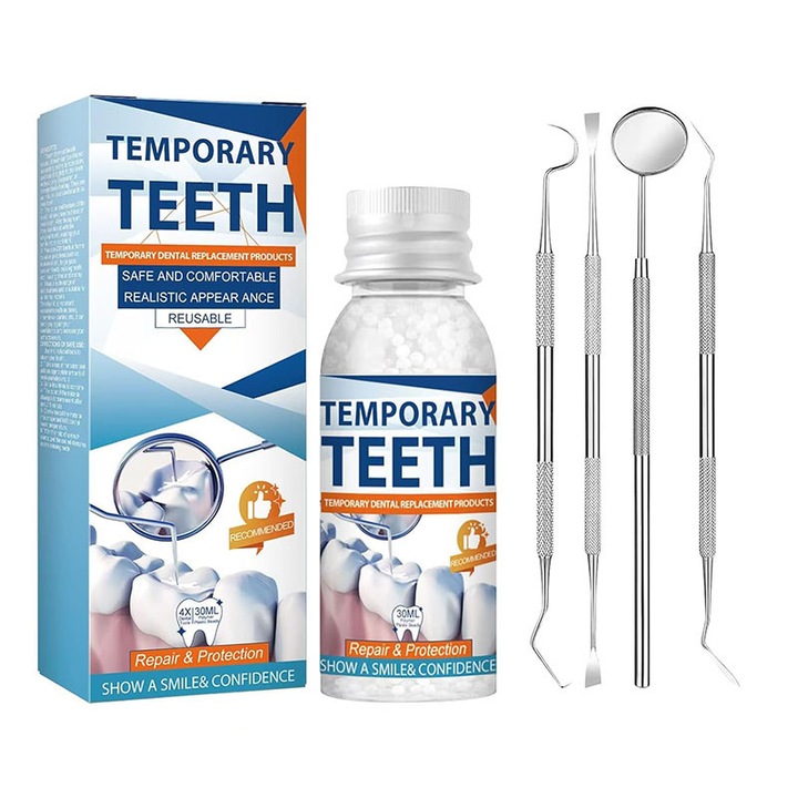 Kit de reparare dinti Temporara, Rqiurpn, 30ml perle dentare, 4 unelte dentare, solutie temporara pentru dinti lipsa, Sigur si non-toxic, Nu este usor sa cada, auto-reparare