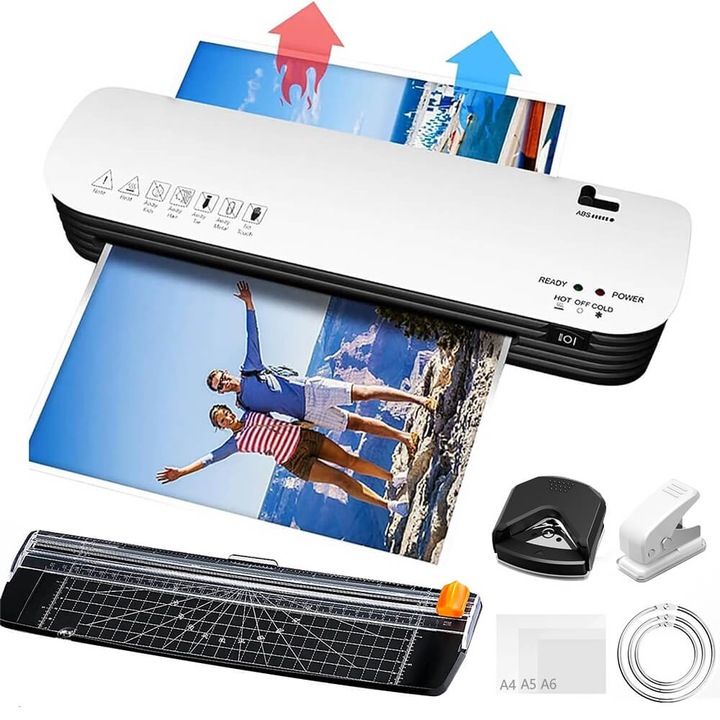 Masina de laminat, cu 15 pliculete de laminat, portabila, cu indicator luminos, incalzire rapida, calda si rece, zgomot redus si usor de utilizat, pentru birou, acasa, scoala