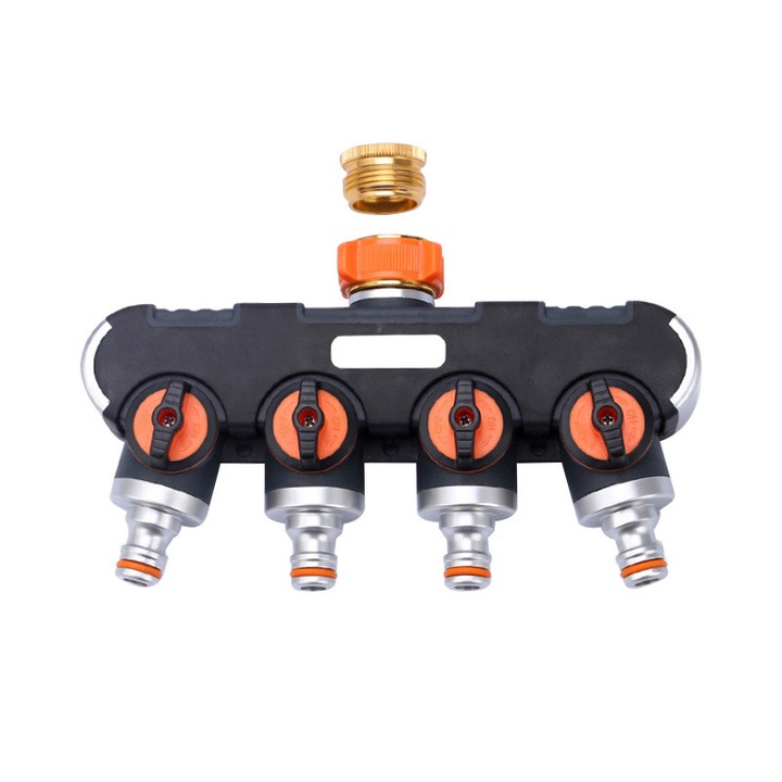 Distribuitor 4 Cai Furtun Gradina, Rqiurpn, Filet 3/4", Presiune 0.8MPa, Zinc Rezistent, Acoperire Antiderapanta, 12x8x6cm, 320g, Negru/Portocaliu