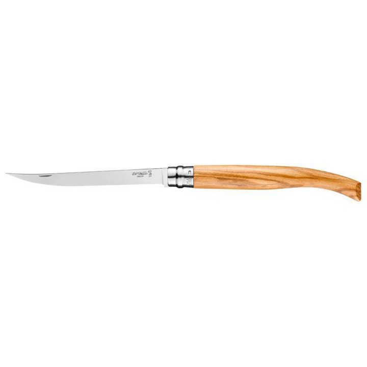 Cutit pliabil, Opinel, Slim, lama inox Sandvik 12C27, maner din lemn de maslin, 15 cm, maro/argintiu
