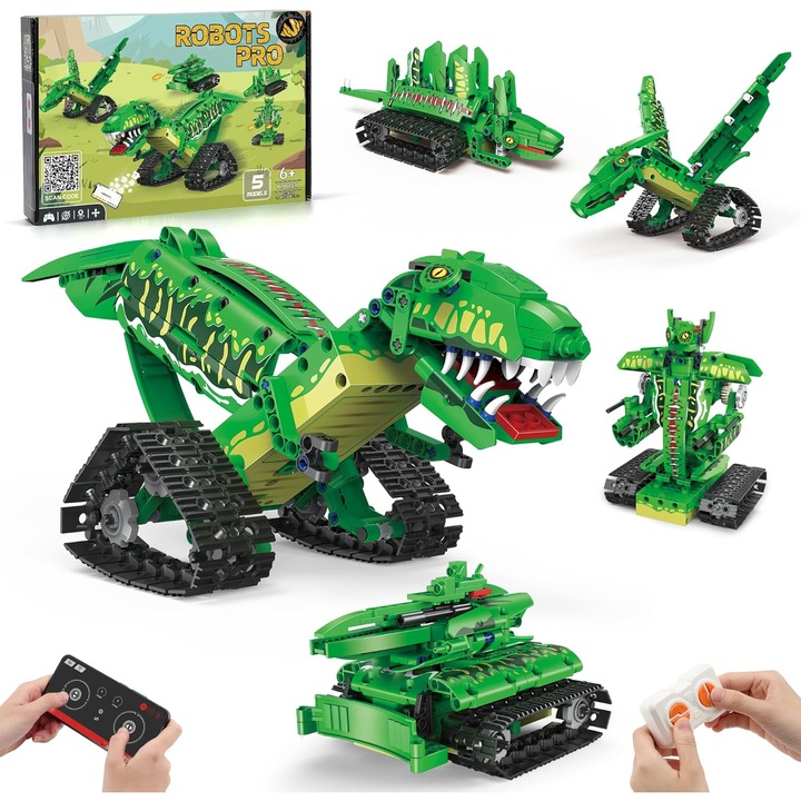 Robot de construit cu telecomanda 5 in 1 pentru copii, WALALLA, dinozaur verde, pentru varste de 6 ani si peste
