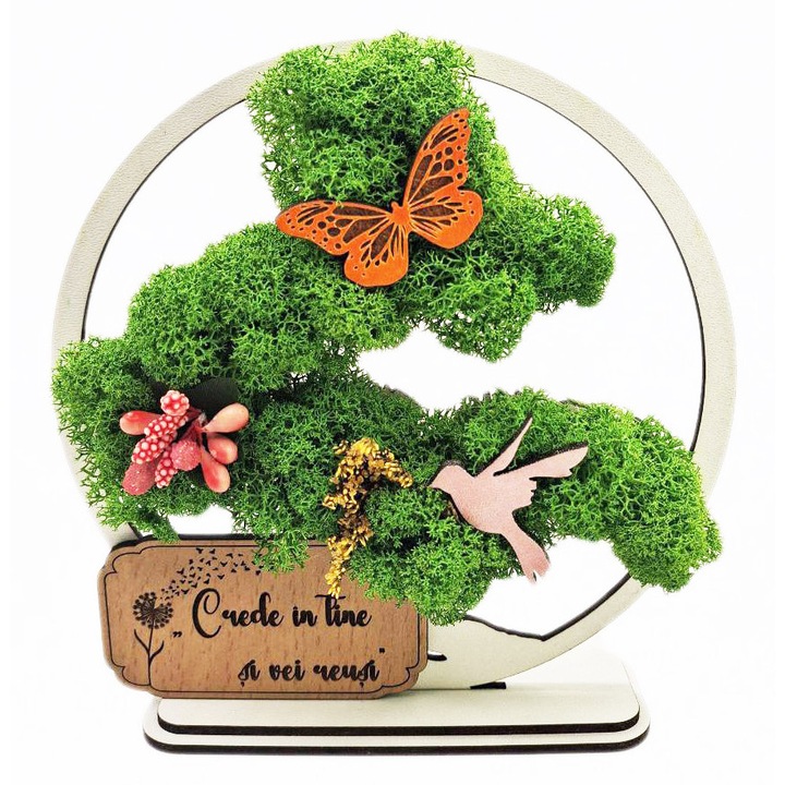 Cadou Special – Bonsai cu Licheni Naturali Stabilizati, MDF, 15 cm, Alb, mesaj Familia este povestea scrisa