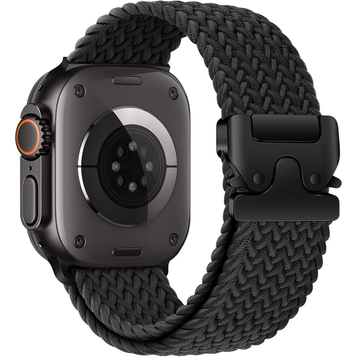Curea Apple Watch sport, elastica din nailon impletit cu catarama tip parasuta, moderna si durabila, compatibila Ultra 2/Ultra/Seria 9 8 7 6 5 4 3 2 1 SE, 49/46/45/44/42 mm – activitati outdoor – Negru