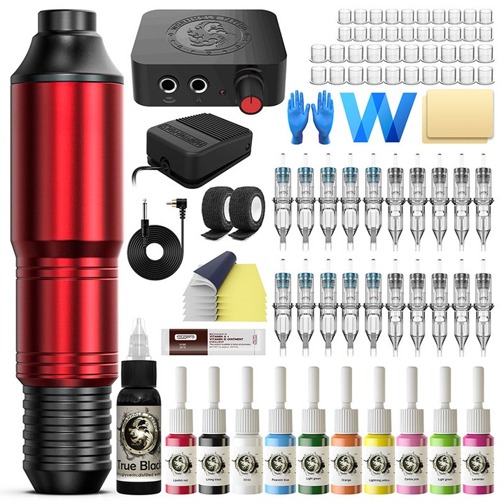 Set masina de tatuaje, Rqiurpn, M7045, Aluminiu, Rotativ, viteza 10000 RPM, cu 20 ace, 11 de culori, 40 cupe de culoare, design ergonomic, tip stilou, profesional, set complet pentru incepatori, Rosu