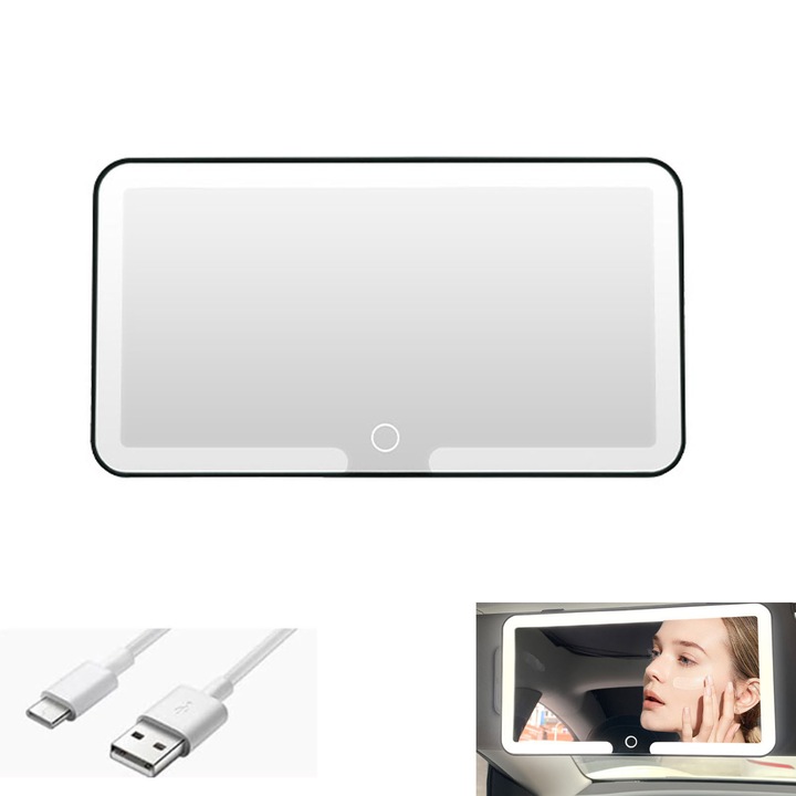 Oglinda Cosmetica, Zggzerg, Oglinda Cosmetica Cu Led Pentru Machiaj, Cu Cablu De Incarcare Usb, Iluminata Led, Design Ergonomic, Touch Switch, Pentru Iesirile In Oras Sau Calatorii, Parasolar Auto, Abs/Sticla, 12.7x23.5cm, Alb