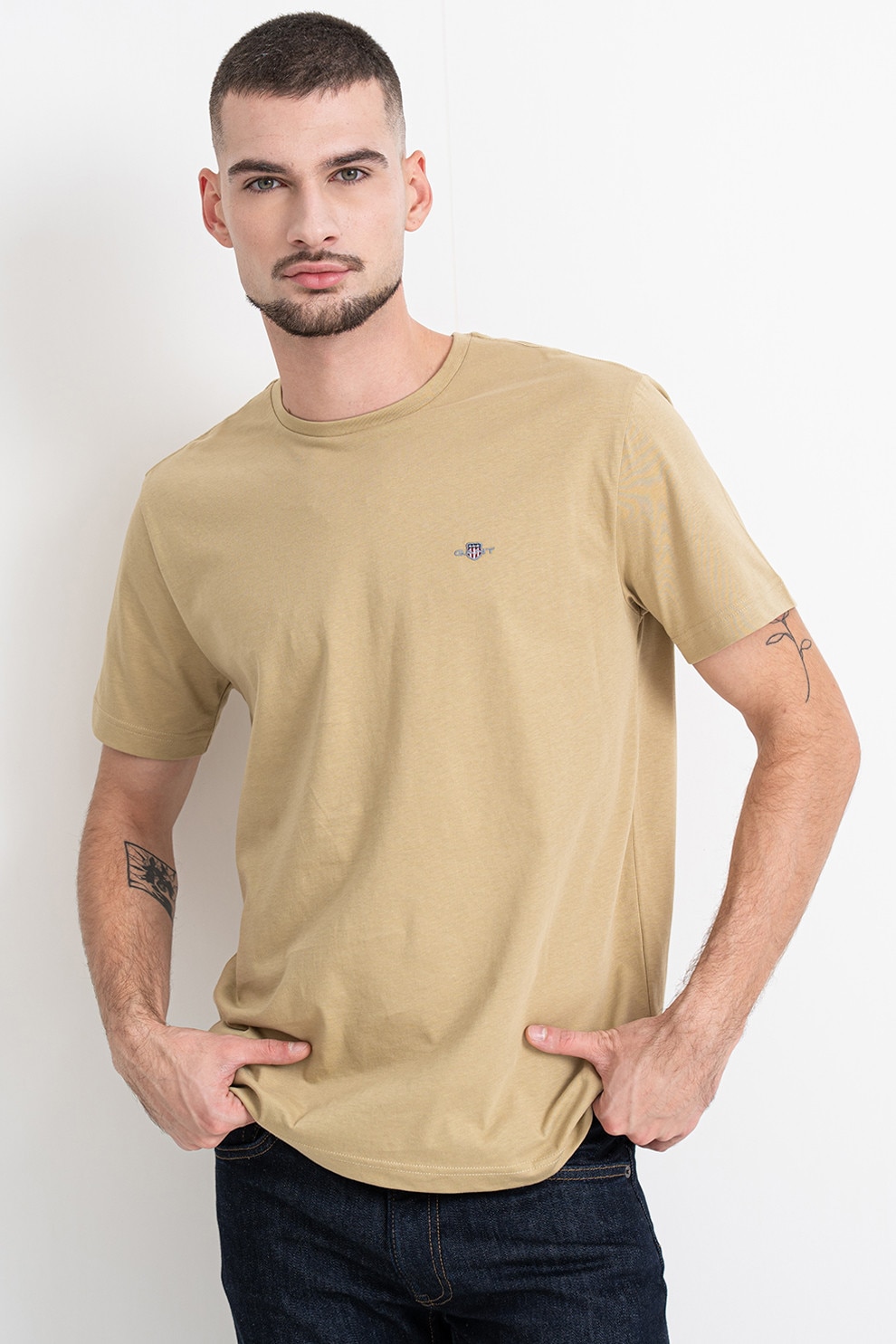 Gant, Tricou din bumbac Shield, Verde, Kaki, L