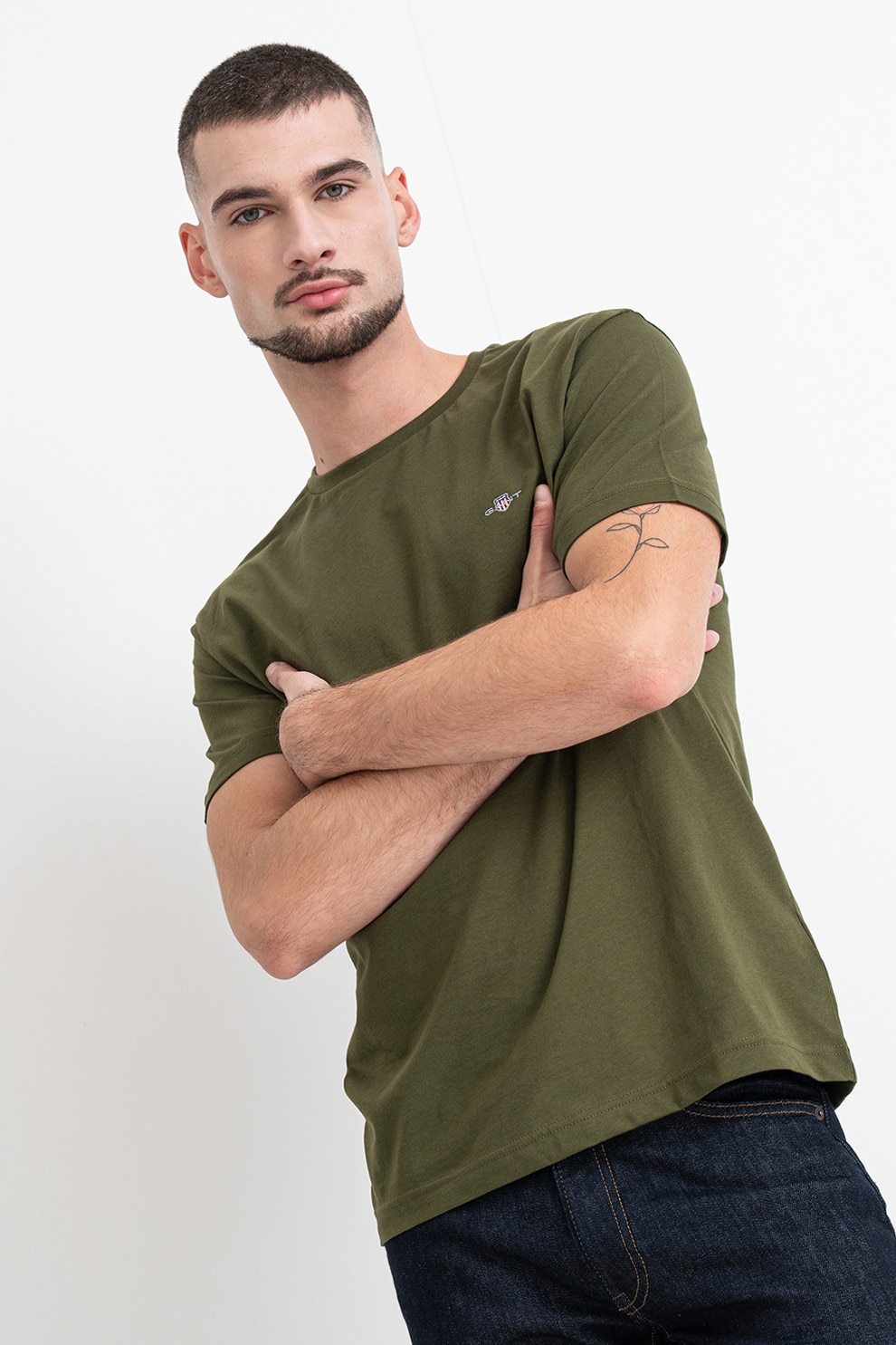 Gant, Tricou din bumbac Shield, Verde prafuit, XL