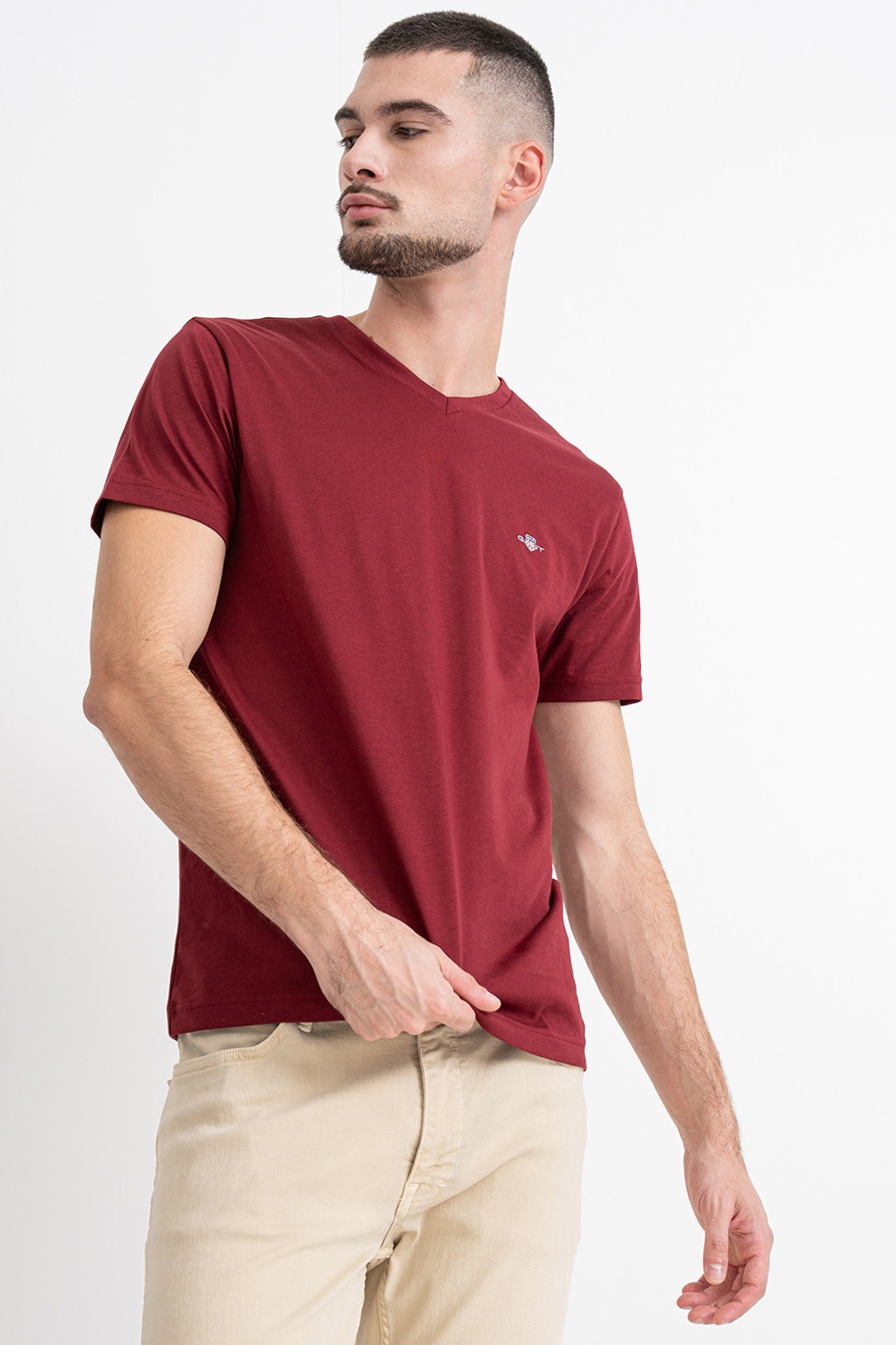 Gant, Tricou slim fit cu decolteu in V Shield, Rosu inchis, L