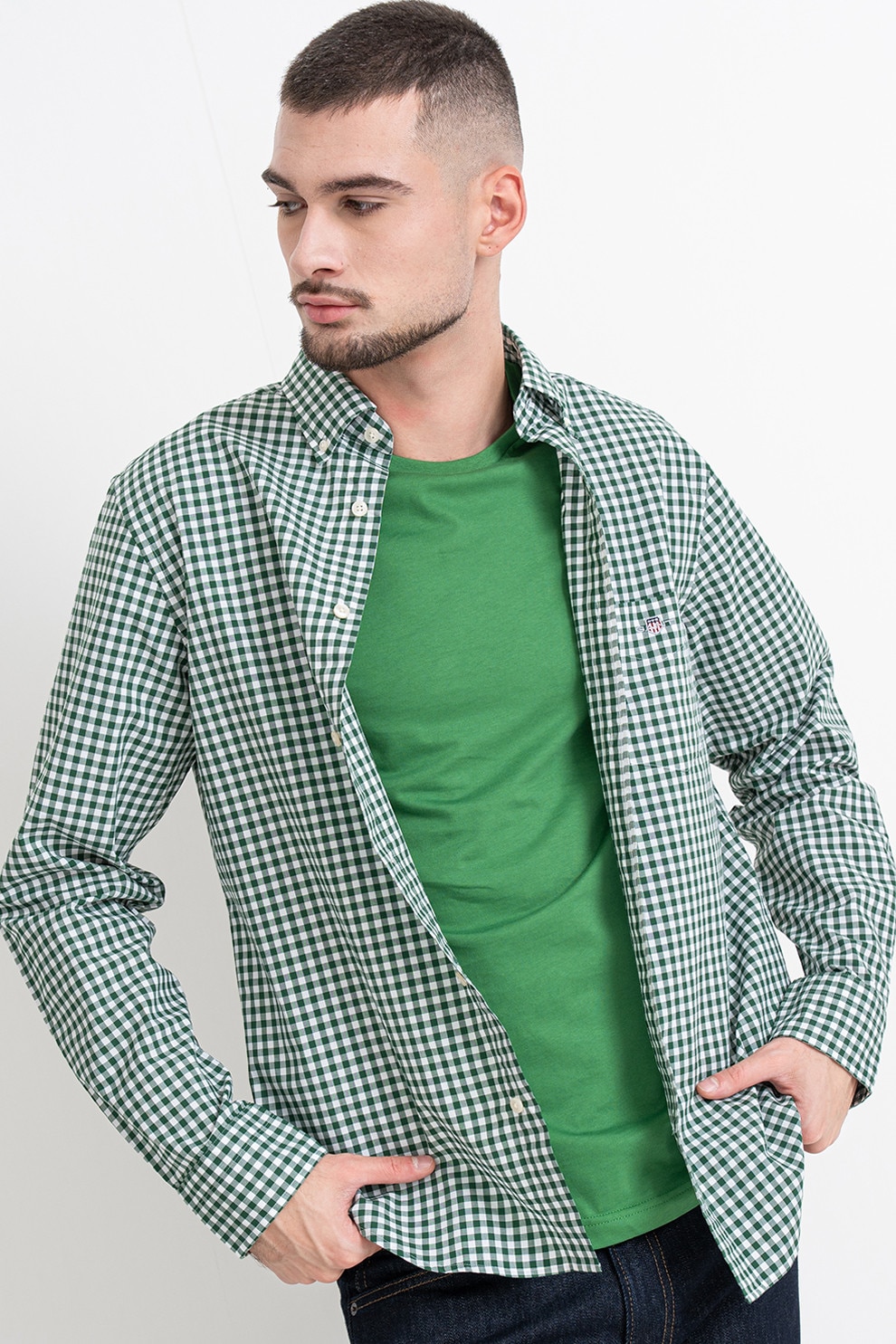Gant, Camasa din bumbac Gingham, Alb, Verde, L