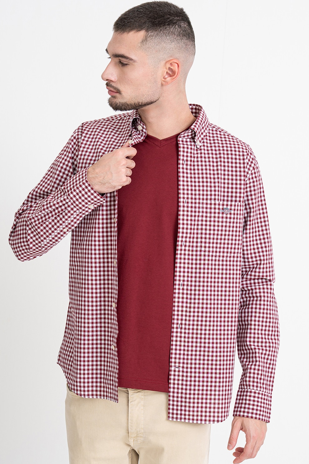 Gant, Camasa din bumbac Gingham, Rosu, Alb, L
